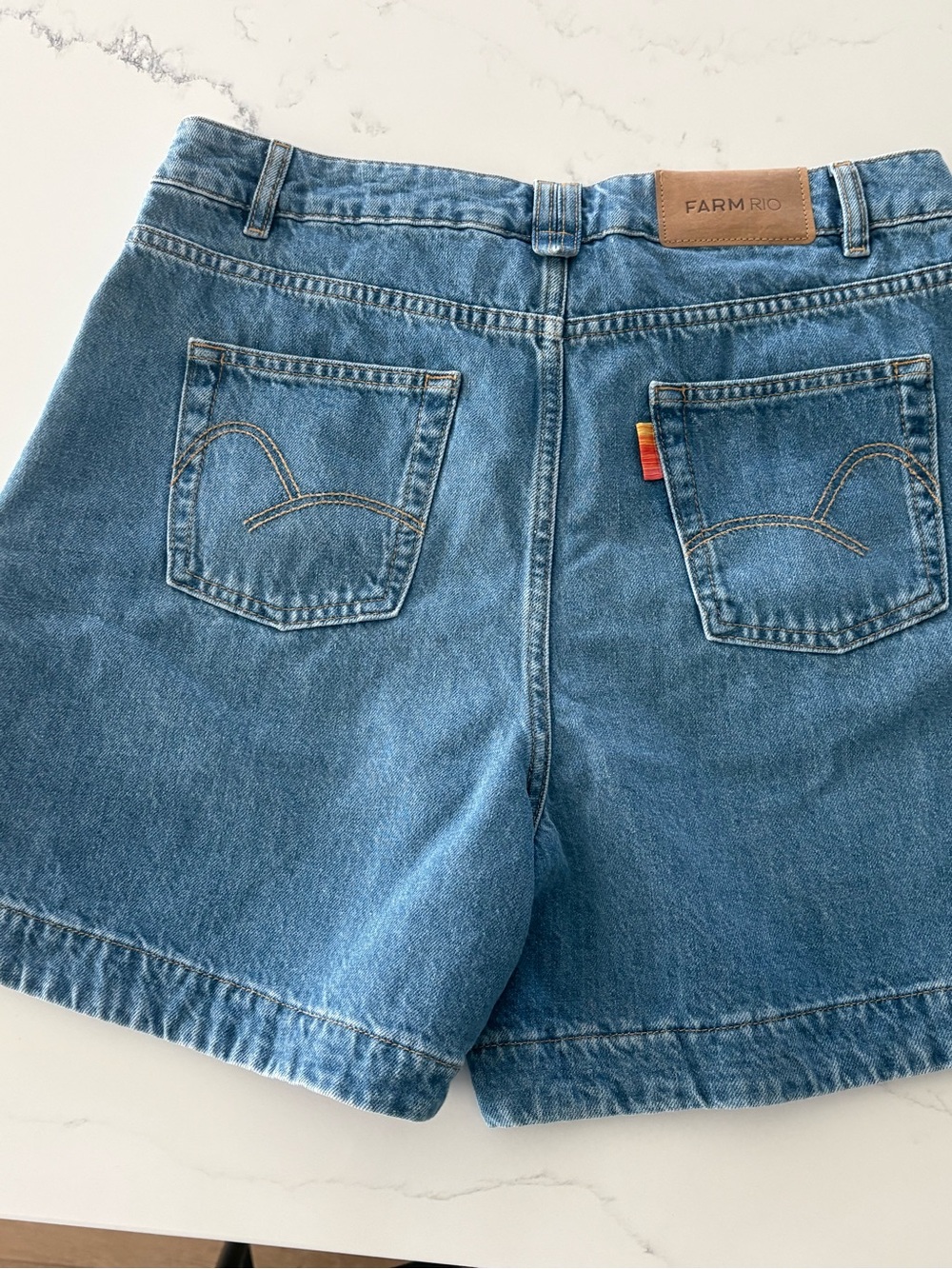 Farm Rio Embroidered Palm Tree Blue Denim Shorts - Women's - Picture 5 of 7